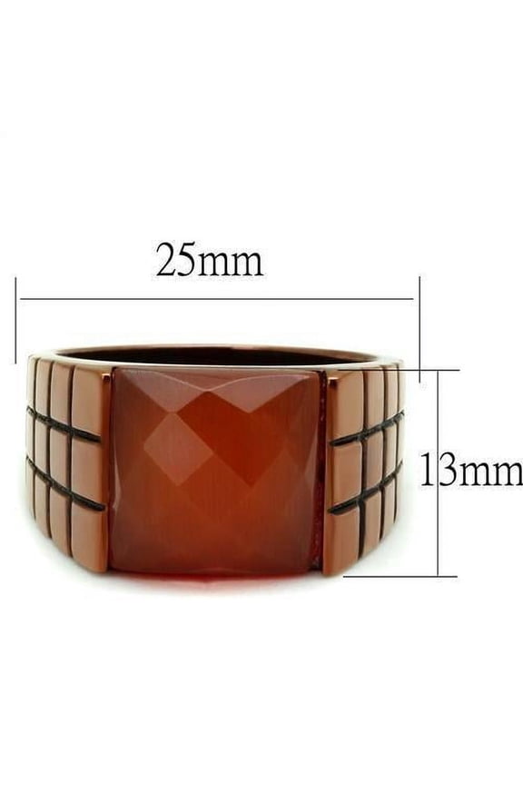 IP Coffee light Stainless Steel Ring with Semi-Precious Cat Eye in Orange for Women Orange Stone Color Style TK3114 Size 8