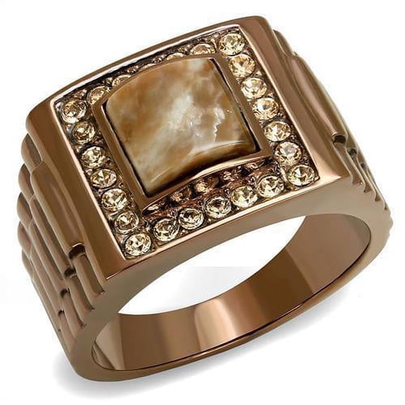 IP Coffee light Stainless Steel Ring with Semi-Precious Rain Flower Stone in Brown for Women Brown Stone Color Style TK3190 Size 8