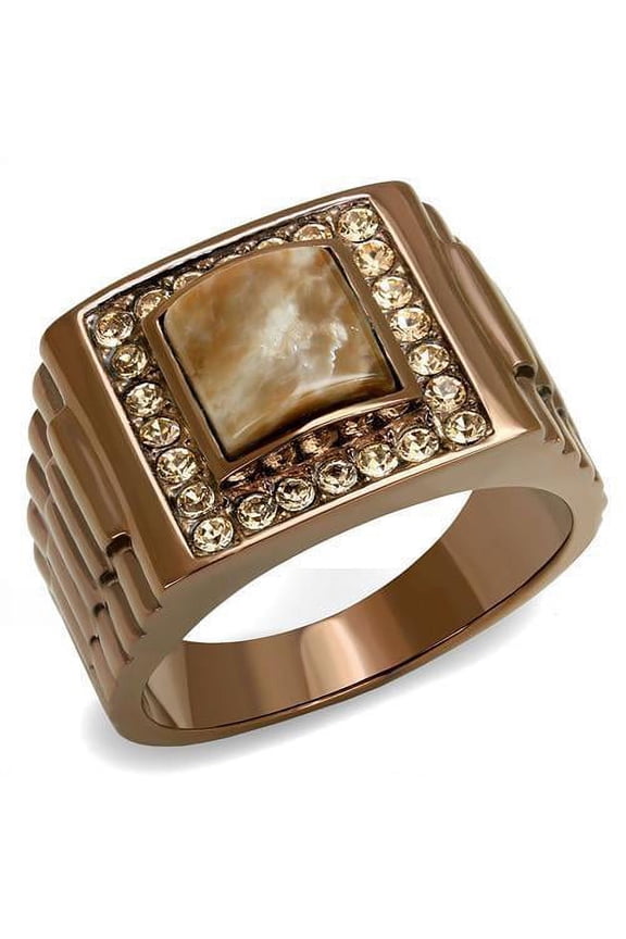 IP Coffee light Stainless Steel Ring with Semi-Precious Rain Flower Stone in Brown for Women Brown Stone Color Style TK3190 Size 8