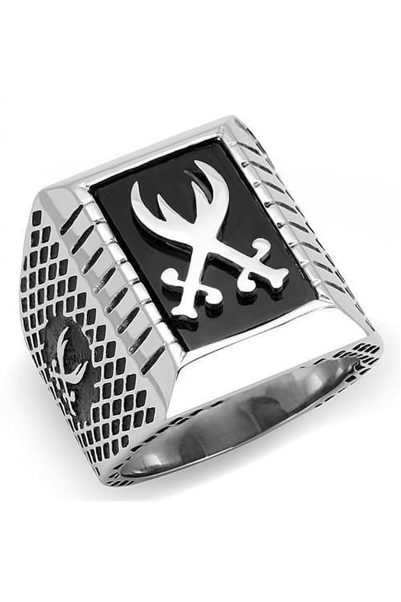 High polished (no plating) Stainless Steel Ring with Semi-Precious Onyx in Jet for Women Jet Stone Color Style TK3191 Size 8