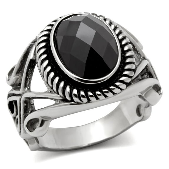TK322 - High polished (no plating) Stainless Steel Ring with AAA Grade CZ in Black Diamond Size 10