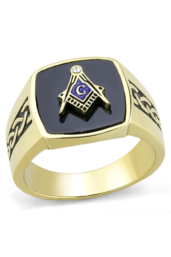 IP Gold(Ion Plating) Stainless Steel Ring with Synthetic Onyx in Jet for Women Masonic Theme Jet Stone Color Style TK3223 Size 12