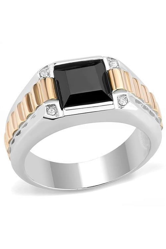 Two-Tone IP Rose Gold Stainless Steel Ring with Synthetic Onyx in Jet for Women Jet Stone Color Style TK3227 Size 12