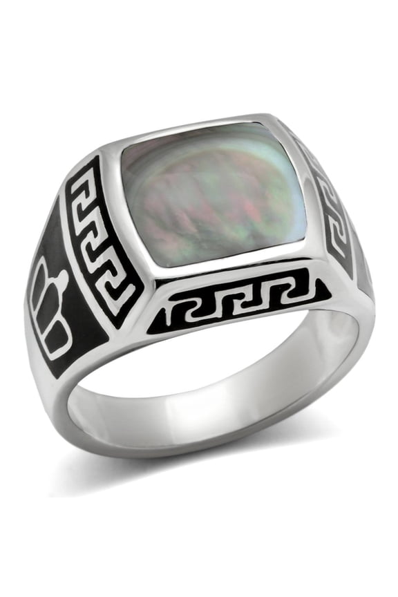 High polished (no plating) Stainless Steel Ring with Precious Stone Conch in Gray for Women Celtic Theme Gray Stone Color Style TK325 Size 8
