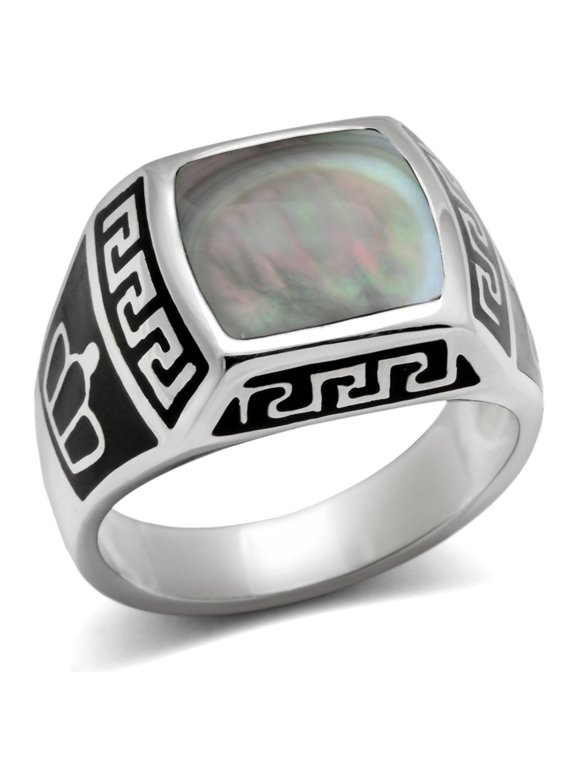TK325 - High polished (no plating) Stainless Steel Ring with Precious Stone Conch in Gray