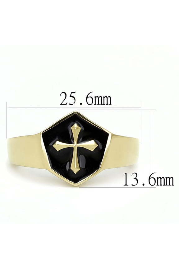 IP Gold(Ion Plating) Stainless Steel Ring with Epoxy in Jet for Women Jet Stone Color Style TK3268 Size 12