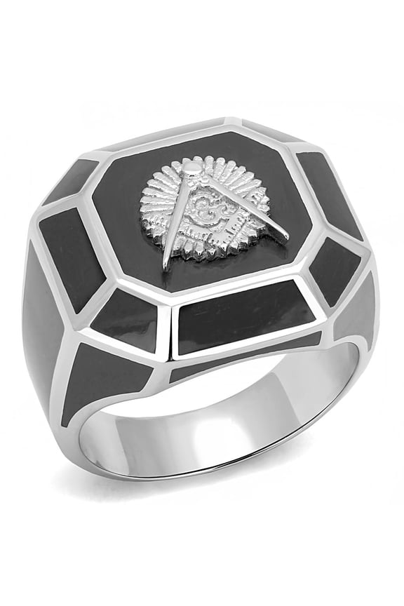 High polished (no plating) Stainless Steel Ring with Epoxy in Jet for Women Masonic Theme Jet Stone Color Style TK3282 Size 13