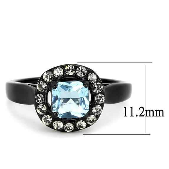 IP Black(Ion Plating) Stainless Steel Ring with Synthetic Synthetic Glass in Sea Blue for Women Sea Blue Stone Color Style TK3443 Size 5