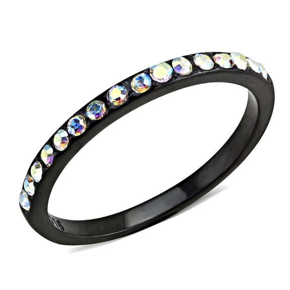 TK3556 - IP Black(Ion Plating) Stainless Steel Ring with Top Grade Crystal in Aurora Borealis (Rainbow Effect) Size 10