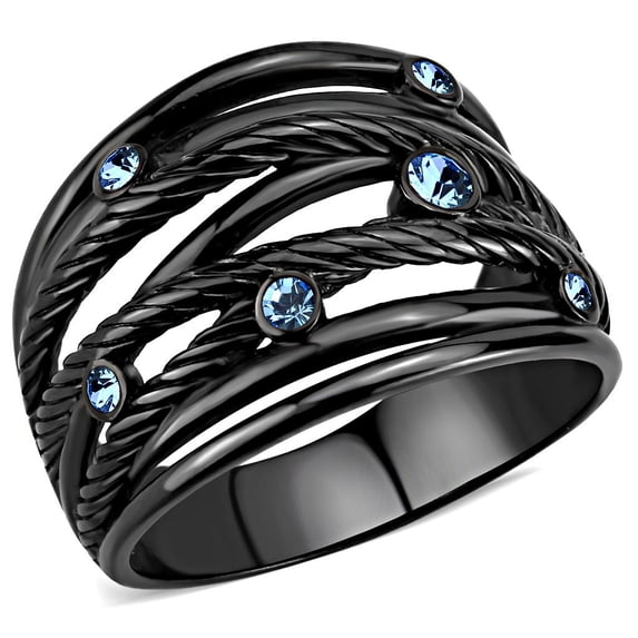 IP Black(Ion Plating) Stainless Steel Ring with Top Grade Crystal in Sea Blue for Women Sea Blue Stone Color Style TK3564 Size 10