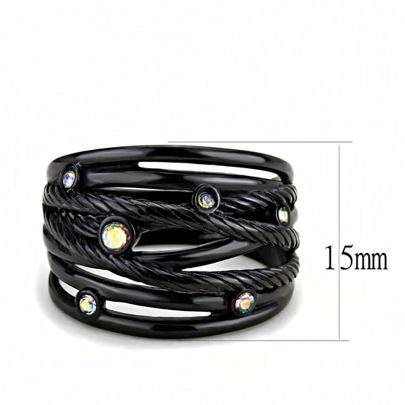 TK3566 - IP Black(Ion Plating) Stainless Steel Ring with Top Grade Crystal in Aurora Borealis (Rainbow Effect) Size 9