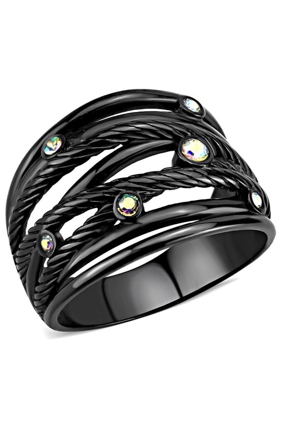 TK3566 - IP Black(Ion Plating) Stainless Steel Ring with Top Grade Crystal in Aurora Borealis (Rainbow Effect)