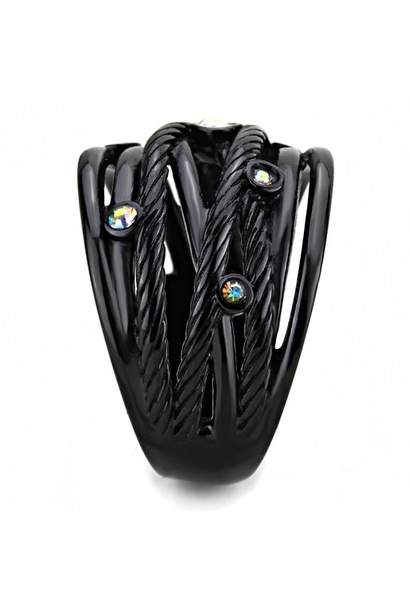 TK3566 - IP Black(Ion Plating) Stainless Steel Ring with Top Grade Crystal in Aurora Borealis (Rainbow Effect)