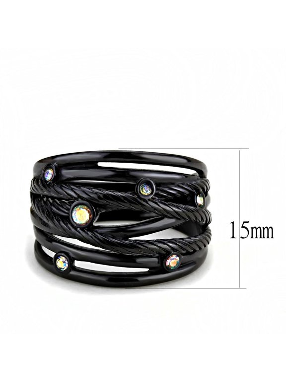 TK3566 - IP Black(Ion Plating) Stainless Steel Ring with Top Grade Crystal in Aurora Borealis (Rainbow Effect)