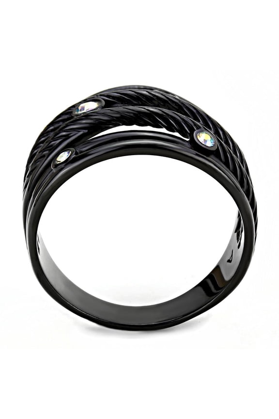 TK3566 - IP Black(Ion Plating) Stainless Steel Ring with Top Grade Crystal in Aurora Borealis (Rainbow Effect)