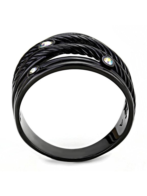 TK3566 - IP Black(Ion Plating) Stainless Steel Ring with Top Grade Crystal in Aurora Borealis (Rainbow Effect)