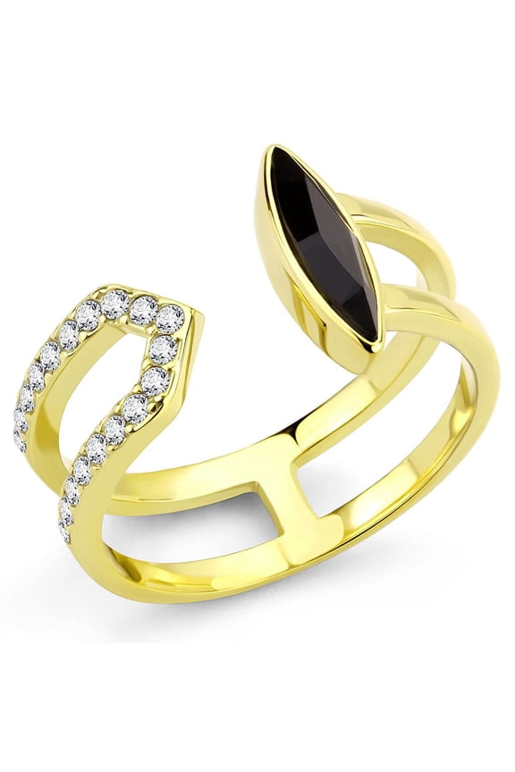 IP Gold(Ion Plating) Stainless Steel Ring with Top Grade Crystal in Jet for Women Jet Stone Color Style TK3591 Size 10