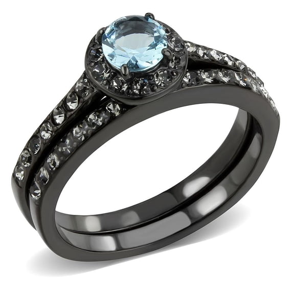 IP Black(Ion Plating) Stainless Steel Ring with Synthetic Synthetic Glass in Sea Blue for Women Sea Blue Stone Color Style TK3634 Size 5