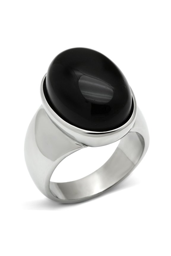 High polished (no plating) Stainless Steel Ring with Semi-Precious Onyx in Jet for Women Jet Stone Color Style TK501 Size 8