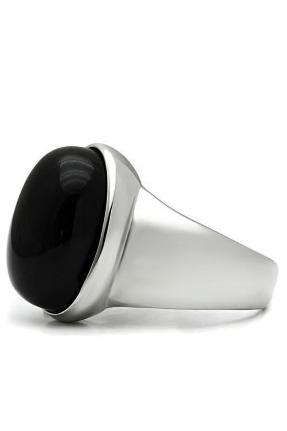 High polished (no plating) Stainless Steel Ring with Semi-Precious Onyx in Jet for Women Jet Stone Color Style TK501 Size 9