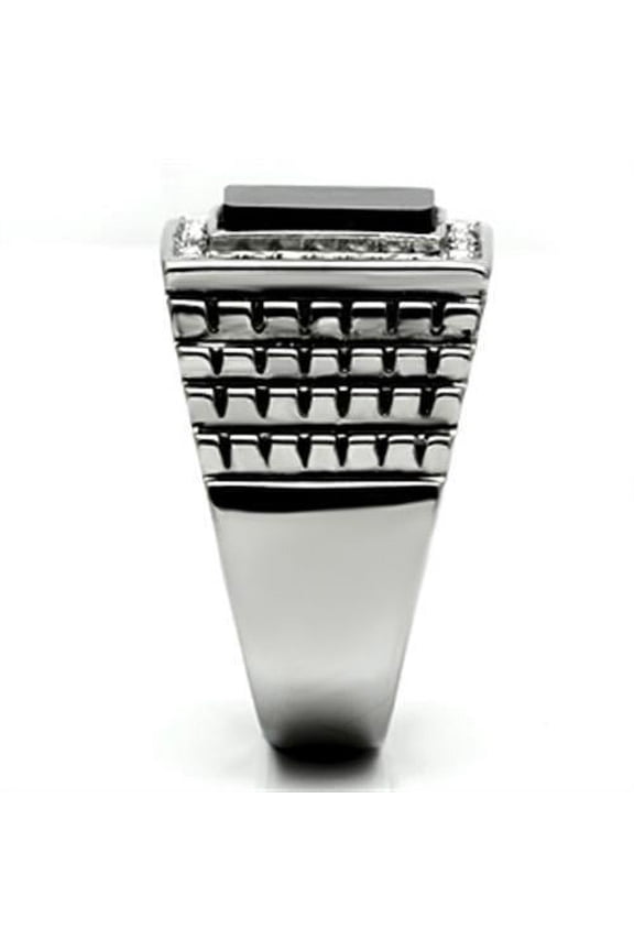 TK592 - High polished (no plating) Stainless Steel Ring with Synthetic Synthetic Stone in Jet