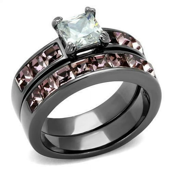 IP Light Black (IP Gun) Stainless Steel Ring with AAA Grade CZ in Clear for Women Clear Stone Color Style TK61206LJ Size 7