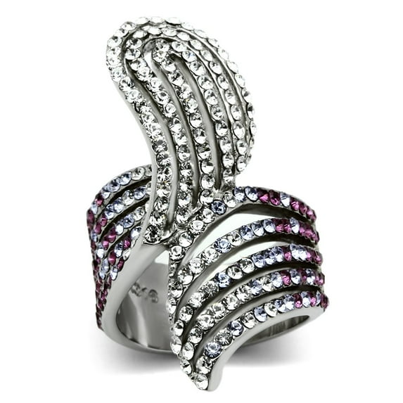 High polished (no plating) Stainless Steel Ring with Top Grade Crystal in Multi Color for Women Multi Color Stone Color Style TK691 Size 10