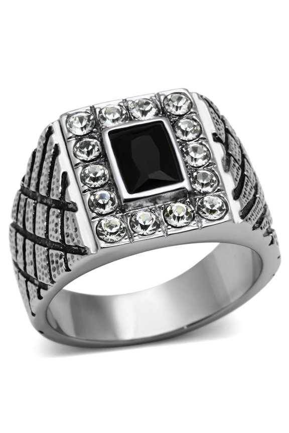 High polished (no plating) Stainless Steel Ring with Synthetic Synthetic Glass in Jet for Women Jet Stone Color Style TK700 Size 13