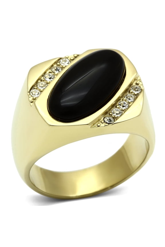 IP Gold(Ion Plating) Stainless Steel Ring with Semi-Precious Onyx in Jet for Women Jet Stone Color Style TK716 Size 13