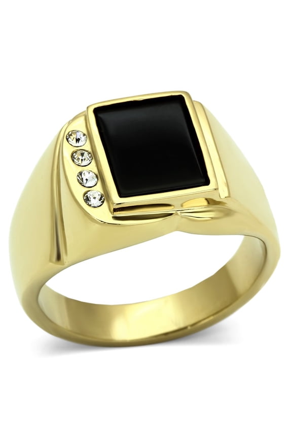 IP Gold(Ion Plating) Stainless Steel Ring with Semi-Precious Onyx in Jet for Women Jet Stone Color Style TK722 Size 10