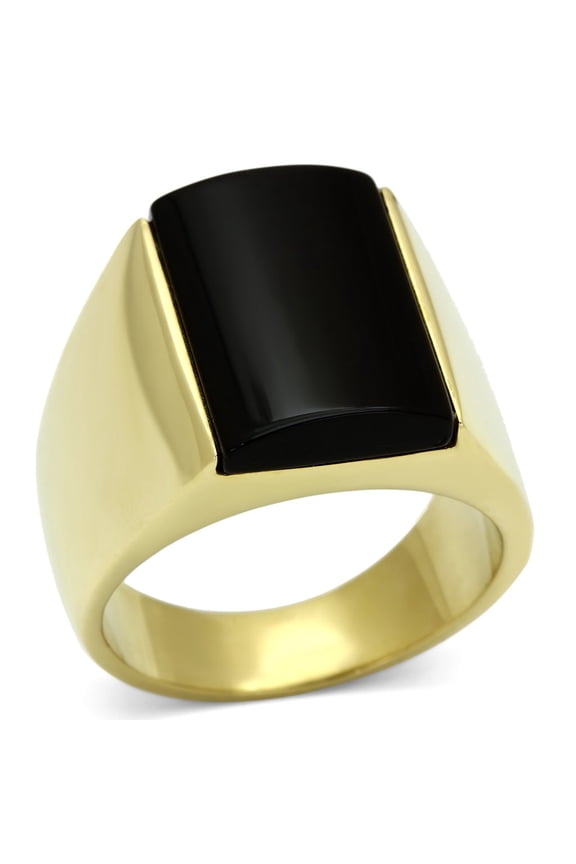 IP Gold(Ion Plating) Stainless Steel Ring with Semi-Precious Onyx in Jet for Women Jet Stone Color Style TK726 Size 10