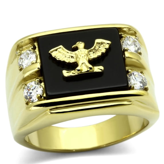 IP Gold(Ion Plating) Stainless Steel Ring with Semi-Precious Agate in Jet for Women Animals Theme Jet Stone Color Style TK793 Size 14