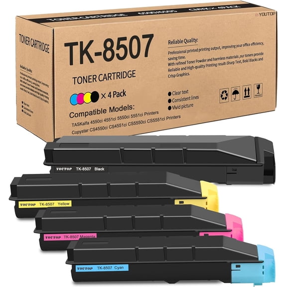TK8507 TK-8507 Toner Cartridge TK-8507K TK-8507C TK-8507M TK-8507Y Color Set Replacement for Kyocera C8520MFP C8020MFP C8025MFP C8030MFP C8525MFP, TASKalfa 205c 255c 206ci 256ci Printers