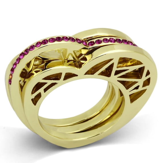 IP Gold(Ion Plating) Stainless Steel Ring with Top Grade Crystal in Fuchsia for Women Fuchsia Stone Color Style TK863 Size 9