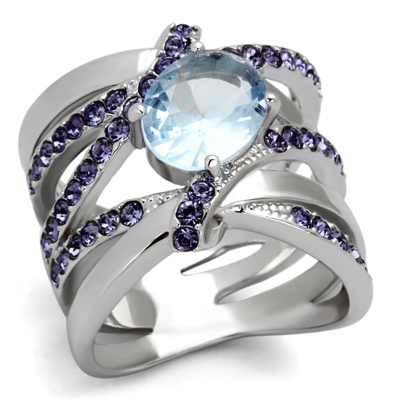 High polished (no plating) Stainless Steel Ring with Synthetic Synthetic Glass in Light Sapphire for Women Light Sapphire Stone Color Style TK865 Size 5