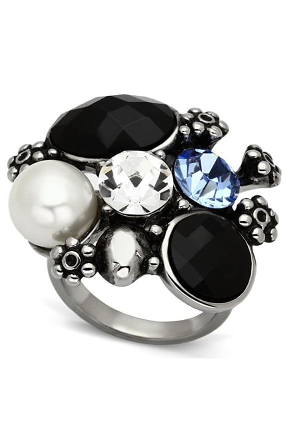 High polished (no plating) Stainless Steel Ring with Synthetic Synthetic Glass in Jet for Women Jet Stone Color Style TK941 Size 6