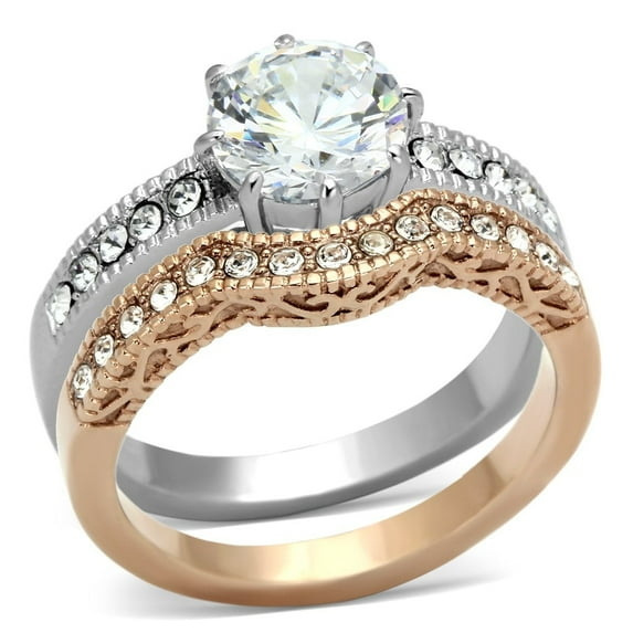 TK966 - Two-Tone IP Rose Gold Stainless Steel Ring with AAA Grade CZ in Clear