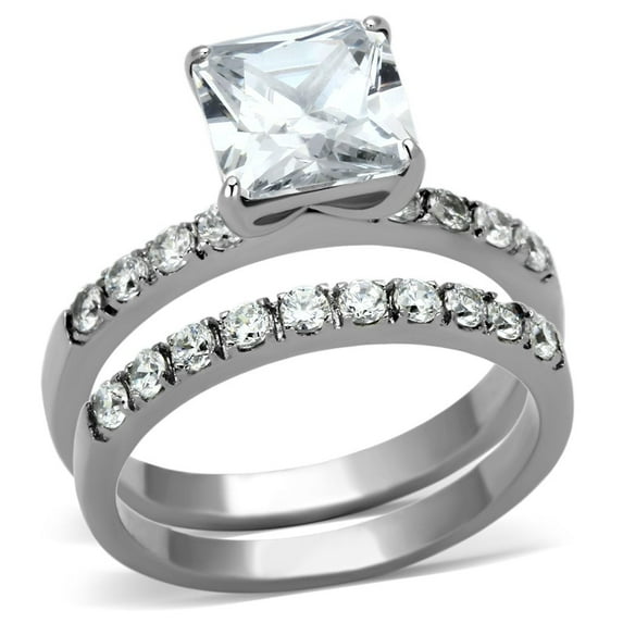 TK975 - High polished (no plating) Stainless Steel Ring with AAA Grade CZ in Clear