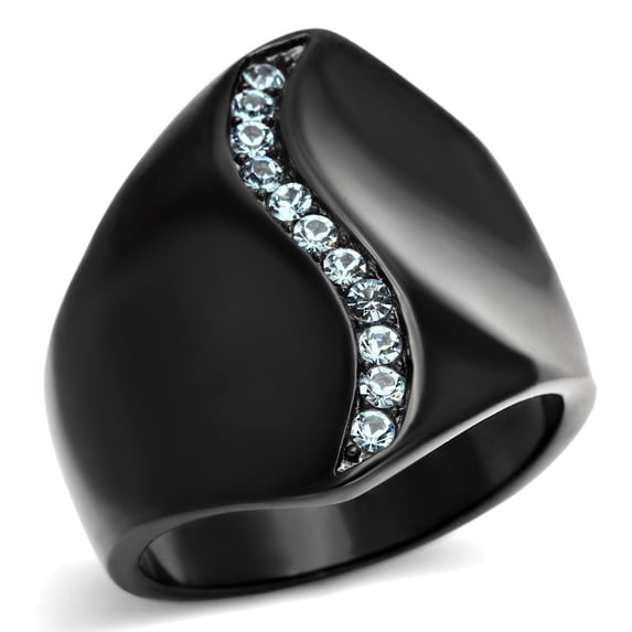 IP Black(Ion Plating) Stainless Steel Ring with Top Grade Crystal in Sea Blue for Women Sea Blue Stone Color Style TK991 Size 8