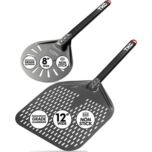 TKC 12", 8" Perforated Pizza Peels - Professional Aluminum Pizza Turning peel - Long Handle Metal Pizza Spatula for Indoor and Outdoor - Lightweight Non-Stick Pizza Turner - Pizza Oven Accessories