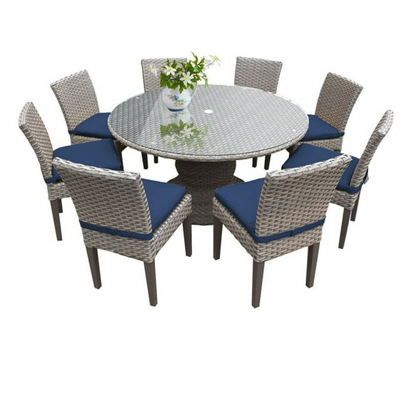 TKC Oasis 9 Piece 60" Round Glass Top Patio Dining Set in Navy