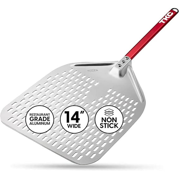 TKC Perforated Pizza Peel 14 Inch, Professional Aluminum Pizza Turning Peel, Long Handle Metal Pizza Spatula for Indoor and Outdoor, Lightweight Non-Stick, Ooni Pizza Oven Accessories