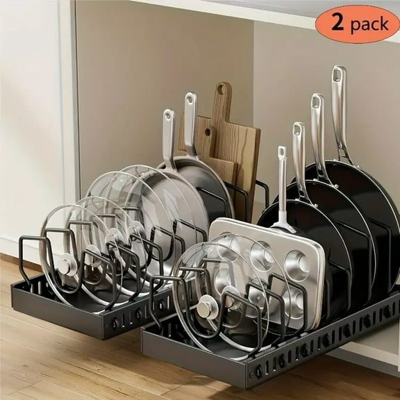 TKDMR 2pcs Pans Organizer, Expandable Metal Pot Lid Holders under Cabinet, Kitchen Pot Pan Rack with 16 Adjustable Shelves for Cabinet, Black