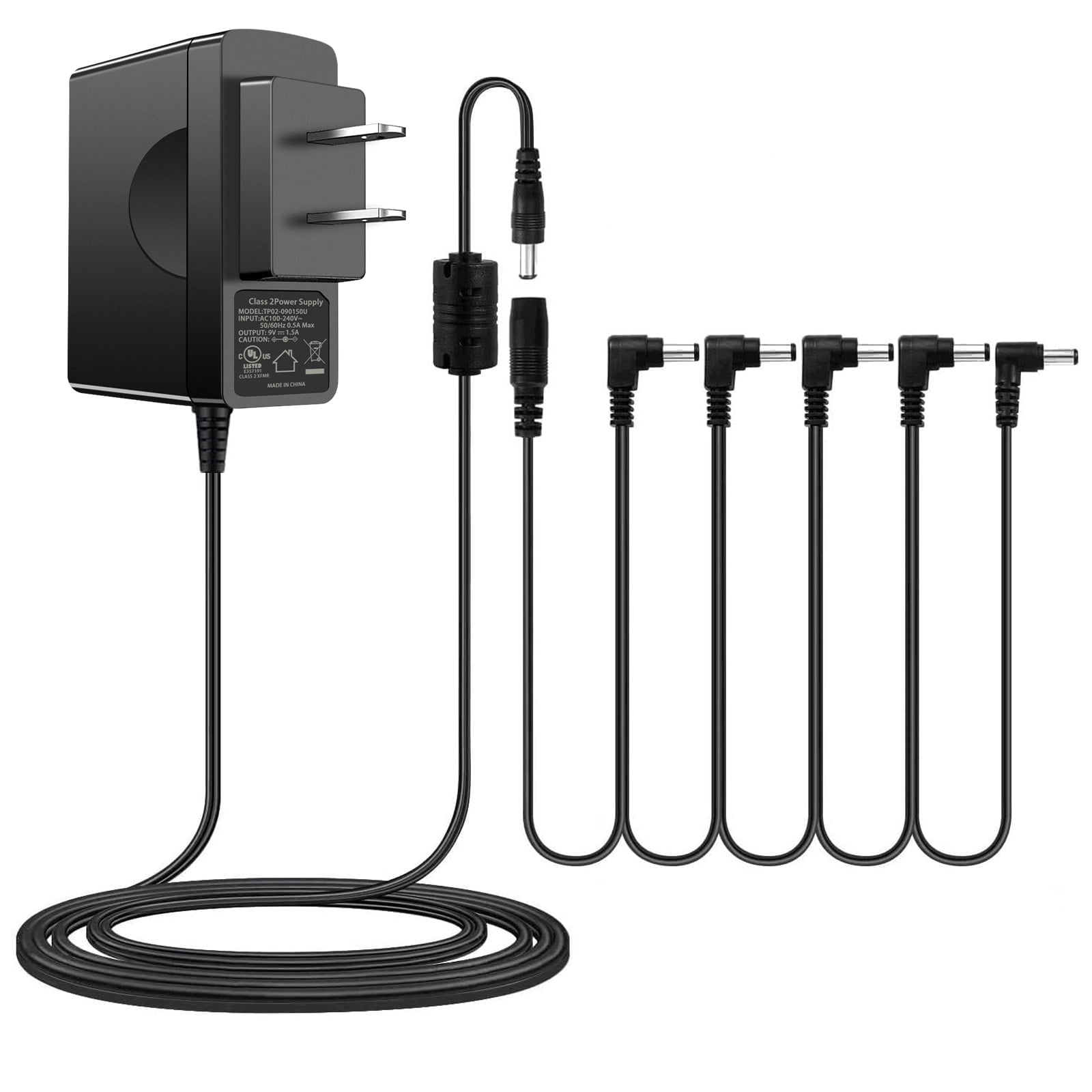 TKDY 9V Guitar Pedal Power Supply Charger Cord, 9Volt 1.5A AC Adapter Tip Negative 5 Way Daisy Chain Cables for Behringer, Behriger, Donner, BOSS Effects Pedals Adapter