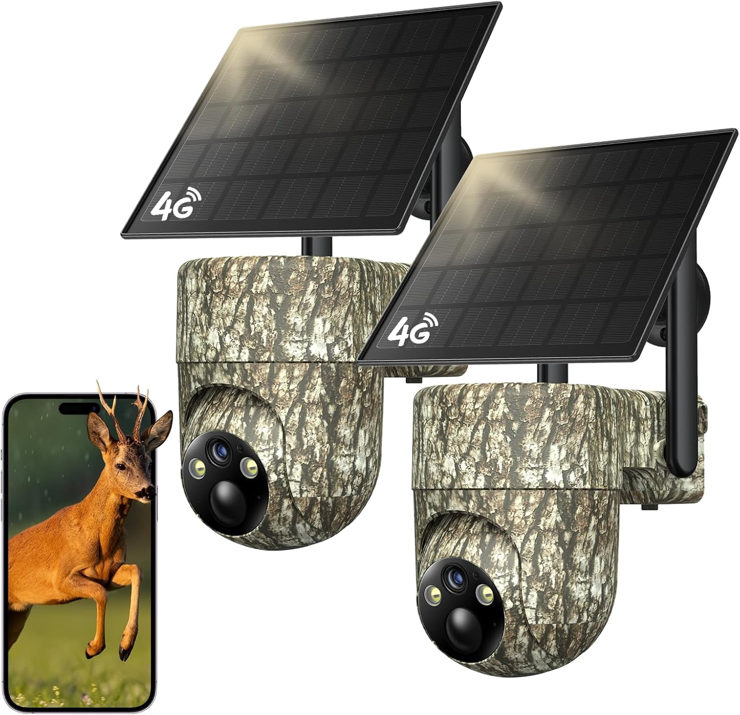 TKENPRO 4G LTE Cellular Trail Cameras, 360° View Live Streaming Game Camera Built-in SIM Card with PIR Motion Activated, 2K Night Vision, No WiFi Needed IP65 Solar Security Camera Camo Print-2 Pack
