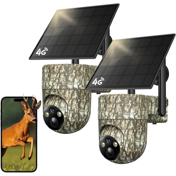 TKENPRO 4G LTE Cellular Trail Cameras, 360 View Live Streaming Game Camera Built-in SIM Card with PIR Motion Activated, 2K Night Vision, No WiFi Needed IP65 Solar Security Camera Camo Print-2 Pack