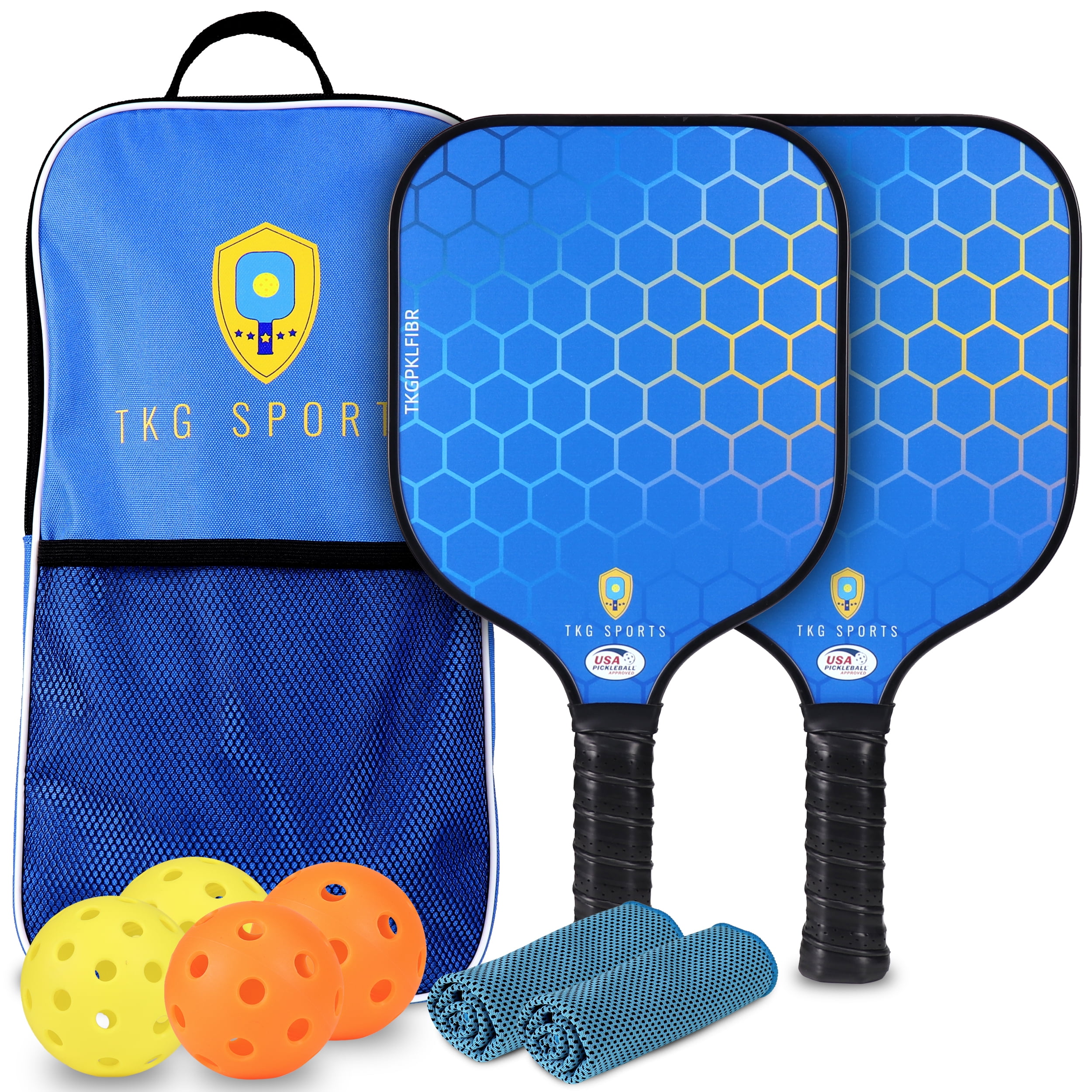 TKG Sports 14mm Fiberglass Pickleball Set with Bag - 2 USAPA Pickleball Paddles, 2 Indoor and 2 Outdoor Pickleball Balls, 2 Cooling Towels - Pickleball Rackets for Adults and Teens