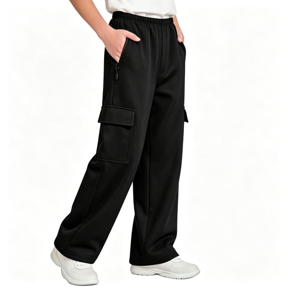 TKKCS Boys Cargo Sweatpants Elastic Waist Straight Leg Loose Outdoor Casual Open Bottom Pants with Zipper Pockets Black 7-8Years
