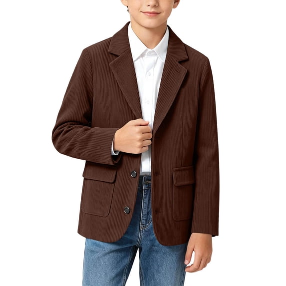 TKKCS Boys Corduroy Blazer Casual Formal Fall Winter 3 Button Front Long Sleeve Sport Coat With Pockets Brown 9-10 Years