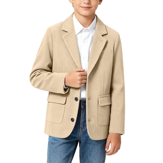 TKKCS Boys Corduroy Blazer Long Sleeve 3 Button Front Fall Winter Casual Formal Sport Coat With Pockets Beige 4-5 Years